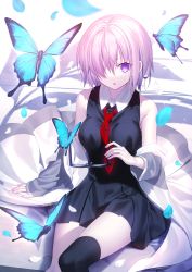 Rule 34 | 1girl, bare shoulders, black dress, black thighhighs, bug, butterfly, commentary request, dress, unworn eyewear, fate/grand order, fate (series), glasses, hair over one eye, highres, holding, holding removed eyewear, insect, jacket, light purple hair, looking at viewer, mash kyrielight, mashima saki (mashimasa), necktie, open mouth, petals, purple eyes, red necktie, shirt, short hair, sitting, solo, strapless, strapless dress, thighhighs, white shirt, wing collar