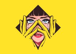 Rule 34 | 1girl, blue eyes, blue eyeshadow, blunt bangs, border, eyeshadow, gloves, highres, looking at viewer, makeup, minillustration, original, parted lips, red lips, shadow, solo, tears, yellow background, yellow border, yellow gloves