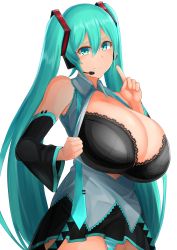 Rule 34 | 1girl, absurdres, aqua eyes, aqua hair, breasts, cleavage, detached sleeves, facominn, hair ornament, hatsune miku, headset, highres, huge breasts, long hair, looking at viewer, necktie, panties, pantyshot, simple background, striped clothes, striped panties, twintails, underwear, very long hair, vocaloid, white background