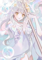 Rule 34 | 1girl, absurdres, baegji, detached sleeves, dress, grey hair, grimlight, highres, holding, holding weapon, little mermaid (grimlight), long hair, looking at viewer, open mouth, parted lips, pastel colors, polearm, solo, starfish, starfish hair ornament, trident, wavy hair, weapon, yellow eyes
