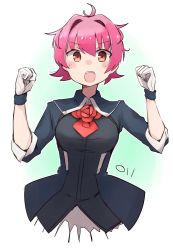 Rule 34 | 1girl, absurdres, ascot, breasts, brown eyes, clenched hands, cosplay, flower, gloves, hair between eyes, highres, kantai collection, kinu (kancolle), ma rukan, medium breasts, military, military uniform, open mouth, pink hair, red ascot, red flower, red rose, rose, sheffield (kancolle), sheffield (kancolle) (cosplay), short hair, signature, solo, uniform, white gloves
