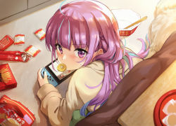 Rule 34 | 1girl, ahoge, blush, candy wrapper, chopsticks, cracker, cup ramen, day, dog, eating, food, food in mouth, from above, hair down, hololive, indoors, instant curry rice, kotatsu, looking at viewer, lying, minato aqua, multicolored hair, nail polish, nintendo, nintendo switch, nissin raoh, on floor, on stomach, open wrapper, plate, playing games, pocky, purple eyes, purple hair, snack, solo, streaked hair, summer tail720, super smash bros., sweater, table, two-tone hair, under kotatsu, under table, virtual youtuber