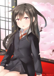 Rule 34 | 1girl, :d, bad id, bad pixiv id, black jacket, black skirt, blazer, blush, collared shirt, commentary request, dress shirt, hair between eyes, hatsushimo (kancolle), jacket, juurouta, kantai collection, long hair, long sleeves, looking at viewer, miniskirt, necktie, open mouth, pleated skirt, red necktie, shirt, sitting, skirt, smile, solo, twitter username, white shirt, wing collar