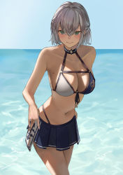 Rule 34 | 1girl, absurdres, bikini, bikini skirt, breasts, cleavage, closed mouth, green eyes, grey hair, highres, hololive, large breasts, mole, mole on breast, navel, ocean, outdoors, panty straps, shirogane noel, shirogane noel (summer 2020), short hair, sky, solo, stomach, swimsuit, thighs, virtual youtuber, yamada no orochi