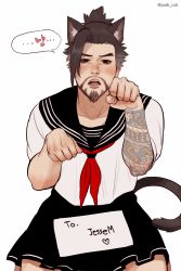 Rule 34 | 1boy, animal ears, beard, blush, cat boy, cat ears, cosplay, costume, facial hair, gift, hanzo (overwatch), heart, highres, looking at viewer, male focus, note, nyan, open mouth, overwatch, overwatch 1, park cok, paw pose, school uniform, sitting, solo, sweat, tail, tattoo, teeth, tongue