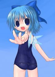 Rule 34 | 1girl, ass, blue eyes, blue hair, blush, bow, chibi, cirno, fang, foreshortening, from behind, gradient background, hair bow, looking back, matching hair/eyes, oekaki, one-piece swimsuit, open mouth, outstretched arm, outstretched arms, outstretched hand, reaching, school swimsuit, short hair, solo, spread arms, swimsuit, touhou, wings