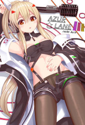 Rule 34 | 1girl, arm up, ayanami (azur lane), ayanami (rock &#039;n&#039; demon) (azur lane), ayanami (rock &#039;n&#039; demon) (azur lane), azur lane, bare shoulders, black jacket, black shorts, blush, breasts, brown eyes, brown pantyhose, commentary request, copyright name, crop top, hair between eyes, headgear, high ponytail, jacket, pantyhose under shorts, light brown hair, long hair, long sleeves, looking at viewer, microphone, microphone stand, midriff, navel, off shoulder, open clothes, open fly, open jacket, open shorts, pantyhose, parted lips, photoshop (medium), ponytail, revision, shadow, short shorts, shorts, small breasts, solo, star (symbol), tukino neru, very long hair, wide sleeves