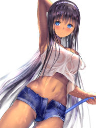 Rule 34 | 1girl, arm up, armpits, arms behind head, bad id, bad pixiv id, black hair, blue eyes, blush, breasts, dark-skinned female, dark skin, dress, hose, large breasts, long hair, looking at viewer, navel, original, ponytail korosuke, revision, see-through, short shorts, shorts, simple background, solo, strap slip, tank top, very long hair, wet, wet clothes, white background, white dress