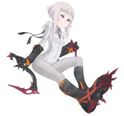 Rule 34 | 1girl, biker clothes, bikesuit, black footwear, black gloves, bodysuit, boots, closed mouth, commentary request, full body, gloves, grey eyes, kazuoki, long sleeves, original, shoe soles, short hair with long locks, sickle, silver hair, simple background, sitting, smile, solo, spikes, white background