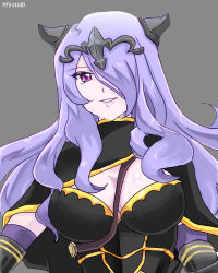 Rule 34 | 1girl, armor, between breasts, breasts, camilla (fire emblem), circlet, cleavage, elbow gloves, fire emblem, fire emblem fates, gauntlets, gloves, grey background, hair over one eye, long hair, nintendo, open mouth, purple eyes, purple hair, see-through, simple background, solo, strap, strap between breasts, twitter username