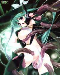 Rule 34 | 1girl, blush, breasts, cum, green eyes, green hair, hat, highres, large breasts, long hair, panties, penis tentacle, solo focus, tentacle sex, tentacles, tentacles under clothes, twintails, uncensored, underwear, urotan, vaginal, witch, witch hat