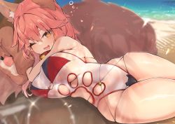 Rule 34 | 1girl, absurdres, animal ear fluff, animal ears, bare shoulders, bell, bikini, blush, bow, breasts, collar, fate/extra, fate/grand order, fate (series), fox ears, fox girl, fox tail, hair between eyes, hair bow, highleg, highleg swimsuit, highres, jingle bell, large breasts, long hair, looking at viewer, neck bell, one-piece swimsuit, pink hair, ponytail, red bikini, red bow, rottenweiler, sidelocks, solo, swimsuit, tail, tamamo (fate), tamamo cat (fate), thighs, white one-piece swimsuit, yellow eyes