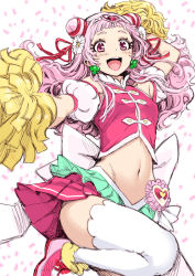 Rule 34 | 1girl, :d, armpits, blush, cone hair bun, confetti, cowboy shot, crop top, cure yell, detached sleeves, earrings, flower, hair bun, hair flower, hair ornament, hair ribbon, highres, hugtto! precure, jewelry, leg up, lipstick, long hair, looking at viewer, magical girl, makeup, midriff, navel, nono hana, open mouth, pink eyes, pink hair, pink skirt, pom pom (cheerleading), precure, ribbon, shoes, simple background, skirt, smile, solo, teeth, thighhighs, upper teeth only, white background, whoosaku