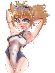 Rule 34 | 1girl, armpits, arms behind back, arms up, backlighting, bare arms, bare legs, blonde hair, blue eyes, blush, breasts, check commentary, clothing cutout, collar, commentary, commentary request, covered navel, dripping, earrings, eyelashes, fang, goggles, goggles on head, granblue fantasy, highres, jewelry, light smile, looking at viewer, open mouth, pengy (granblue fantasy), short twintails, sidelocks, simple background, skin tight, small breasts, steaming body, sweat, twintails, waist cutout, wet, white background, yunou1919