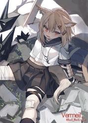 Rule 34 | 1girl, alternate costume, animal ears, arknights, arm support, black legwear, black skirt, blonde hair, character name, fang, feet out of frame, fox ears, fox girl, fox tail, hair between eyes, hair ornament, hairclip, jewelry, knee pads, looking at viewer, medium hair, midriff peek, necklace, open mouth, orange eyes, plant, pleated skirt, prosthesis, prosthetic arm, red medicine, school uniform, shirt, sitting, skirt, solo, tail, tooth necklace, twitter username, vermeil (arknights), white shirt