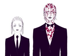 Rule 34 | 1boy, 1girl, bella scottland, black suit, blonde hair, blood, blood on clothes, blood on face, bow, bowtie, eyelashes, facial hair, formal, hair slicked back, hunter x hunter, lipstick, looking at another, looking at viewer, makeup, monochrome, necktie, shirt, short hair, simple background, suit, theta (hunter x hunter), tserriednich hui guo rou, upper body, white shirt