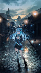 Rule 34 | 1girl, asymmetrical legwear, black footwear, black socks, blue dress, blue eyes, blue hair, blue ribbon, blush, boots, building, cityscape, closed mouth, cloud, commentary request, dress, dusk, floating hair, full body, hair ornament, highres, kneehighs, lamppost, light, light particles, long hair, looking at viewer, neck ribbon, original, outdoors, own hands together, ribbon, saraki, sidelocks, single kneehigh, single sock, single thighhigh, sky, socks, solo, standing, striped clothes, striped thighhighs, thigh strap, thighhighs, uneven legwear, vertical-striped clothes, vertical-striped thighhighs, white socks