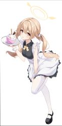 Rule 34 | absurdres, apron, blue archive, covering crotch, covering privates, food, full body, hair ornament, halo, hifumi (blue archive), highres, holding, holding food, leg up, light brown hair, long hair, looking at viewer, low twintails, maid, maid apron, maid headdress, okey, ribbon, simple background, thighhighs, twintails, yellow eyes