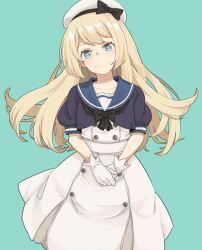 Rule 34 | 1girl, blonde hair, blue background, blue eyes, blue sailor collar, dress, feet out of frame, gloves, hat, highres, ichiroku (sakumogu-029), jervis (kancolle), kantai collection, long hair, looking at viewer, open mouth, sailor collar, sailor dress, sailor hat, short sleeves, simple background, smile, solo, white dress, white gloves, white hat
