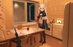 Rule 34 | 1girl, ak-alfa, ak-alfa (girls&#039; frontline), apple, assault rifle, black gloves, black pantyhose, blush, bread, cabinet, cup, egg, food, fruit, full body, girls&#039; frontline, gloves, gun, highres, hinami047, holding, interior, jacket, kitchen, long hair, looking at viewer, microwave, night, night sky, open window, pantyhose, plate, pot, red eyes, refrigerator, rifle, sky, snowing, solo, standing, stool, stove, table, tablecloth, teapot, tile wall, tiles, weapon, white hair, window