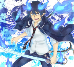 Rule 34 | 1boy, ao no exorcist, blue eyes, blue hair, flame-tipped tail, glowing, glowing weapon, holding, katana, makita (twosidegekilove), male focus, matching hair/eyes, necktie, okumura rin, pointy ears, shirt, smile, solo, striped necktie, striped neckwear, sword, weapon