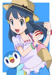 Rule 34 | 1girl, :d, bag, bangle, black hair, blue shorts, bow, bracelet, brown bag, brown headwear, clenched hand, commentary request, creatures (company), dawn (pokemon), eyelashes, frills, game freak, gen 4 pokemon, grey eyes, hainchu, handbag, hands up, hat, hat bow, highres, holding, holding poke ball, jewelry, long hair, nintendo, open mouth, piplup, poke ball, poke ball (basic), pokemon, pokemon (creature), pokemon bdsp, poketch, purple shirt, shirt, short sleeves, shorts, smile, tongue, watch, wristwatch