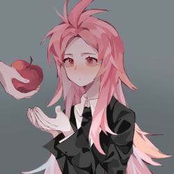 Rule 34 | 1boy, antenna hair, apple, azhuoma, black jacket, black necktie, closed mouth, collared shirt, commentary, cupping hands, food, formal, fruit, green background, hatsutori hajime, holding, holding food, holding fruit, jacket, long hair, long sleeves, male focus, necktie, own hands together, pink hair, red eyes, saibou shinkyoku, shirt, simple background, solo focus, suit, suit jacket, symbol-only commentary, upper body, white shirt