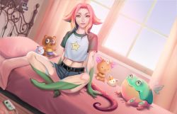 Rule 34 | 1girl, alternate costume, animal crossing, barefoot, bed, belt, blood n sugar, curtains, gnar (league of legends), green eyes, green hair, heart, indoors, k/da (league of legends), league of legends, multicolored hair, navel, neeko (league of legends), nintendo, nintendo switch, on bed, parted lips, pillow, pink hair, poro (league of legends), sitting, solo, star guardian (league of legends), star guardian neeko, tail, tom nook (animal crossing), window