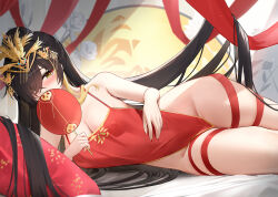 Rule 34 | 1girl, azur lane, black hair, blush, camisole, chinese clothes, covering own mouth, dress, harbin (azur lane), harbin (red paeonia) (azur lane), heart, heart-shaped pupils, highres, mole, mole under eye, official alternate costume, official alternate hairstyle, pelvic curtain, qing wu, red camisole, red dress, solo, symbol-shaped pupils, thighs, yellow eyes