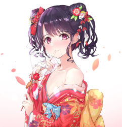 Rule 34 | 1girl, bare shoulders, black hair, rabbit hair ornament, collarbone, commentary request, double bun, fangs, finger to mouth, flat chest, flower, from side, fukumaru koito, hair bun, hair flower, hair ornament, hair ribbon, highres, idolmaster, idolmaster shiny colors, japanese clothes, kimono, looking at viewer, off shoulder, purple eyes, red kimono, ribbon, short twintails, skin fangs, sky cappuccino, solo, twintails, upper body, wavy hair, white background