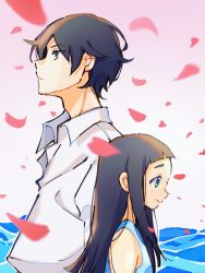 Rule 34 | 1boy, 1girl, arms at sides, back-to-back, black hair, black outline, blue eyes, blunt bangs, blurry, blurry foreground, closed mouth, collared shirt, depth of field, dress shirt, expressionless, eyes visible through hair, father and daughter, goto hime, goto kakushi, gradient background, half-closed eyes, happy, height difference, hime cut, jitome, kakushigoto, looking afar, mio (matcha), ocean, outline, petals, pink background, shirt, sidelocks, simple background, sleeveless, smile, standing, straight hair, upper body, water, white background, white outline, white shirt