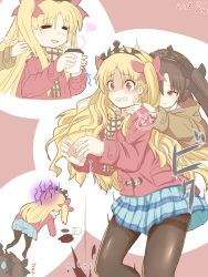Rule 34 | 2girls, bad id, bad pixiv id, behind another, black legwear, black ribbon, blonde hair, brown hair, coat, coffee, coffee cup, commentary, cup, dated, disposable cup, dropping, duffel coat, ereshkigal (fate), closed eyes, fate/grand order, fate (series), hair ribbon, hands on another&#039;s neck, holding, holding cup, ishtar (fate), ishtar (fate), long hair, miniskirt, multiple girls, open mouth, prostration, otaru, pantyhose, red coat, red eyes, red ribbon, ribbon, scarf, skirt, tiara, translated, two side up