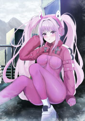 Rule 34 | 1girl, absurdres, alice (nikke), animal ear headphones, animal ears, arm support, blush, bodysuit, breasts, cityscape, cloud, cloudy sky, cropped jacket, fake animal ears, foot out of frame, gloves, goddess of victory: nikke, grey hair, hand on own head, headphones, highres, impossible bodysuit, impossible clothes, jacket, k 9, latex, latex bodysuit, long hair, medium breasts, mountain, pink bodysuit, pink eyes, pink gloves, pink headphones, pout, puffy sleeves, red jacket, shoes, sidelocks, sitting, skin tight, sky, sleeves past wrists, sneakers, socks, solo, twintails, white footwear, white socks