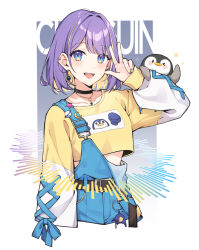 Rule 34 | 1girl, belt, bird, black choker, blonde hair, blue eyes, blue overalls, character name, chianguin, choker, crop top, cross-laced clothes, cross-laced sleeves, earrings, highres, indie virtual youtuber, jewelry, multicolored hair, multicolored nails, overalls, penguin, purple hair, purple nails, puunyannyan, solo, v, virtual youtuber, yellow nails