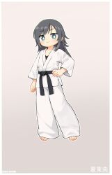 Rule 34 | 1girl, absurdres, aqua eyes, barefoot, belt, black belt, black hair, border, bright pupils, chinese commentary, closed mouth, commentary request, dot nose, dougi, full body, grey background, hand on own hip, highres, kuma-bound, long hair, martial arts belt, original, outside border, pants, simple background, smile, solo, standing, white border, white pants, white pupils