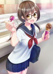Rule 34 | 1girl, :d, bag, black-framed eyewear, blue sailor collar, blue skirt, blurry, blurry background, blush, brown eyes, brown hair, collarbone, commentary request, depth of field, fingernails, food, glasses, hair between eyes, highres, holding, holding food, holding spoon, ice cream, ice cream cone, indoors, long hair, looking at viewer, low twintails, nail polish, neckerchief, nekobaka, open mouth, original, pink nails, pleated skirt, red neckerchief, sailor collar, school bag, school uniform, serafuku, shirt, short sleeves, signature, skirt, smile, solo, spoon, twintails, white shirt