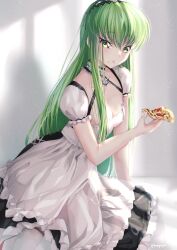 Rule 34 | absurdres, anchor symbol, apron, artist name, azur lane, black dress, breasts, budgiepon, c.c., cleavage, code geass, collar, cosplay, dress, food, frilled apron, frilled dress, frills, from side, green hair, hair between eyes, highres, holding, holding food, holding pizza, long hair, looking at viewer, medium breasts, metal collar, pizza, pizza slice, puffy short sleeves, puffy sleeves, short sleeves, sirius (azur lane), sirius (azur lane) (cosplay), thighhighs, two-tone dress, very long hair, waist apron, white apron, white dress, white thighhighs