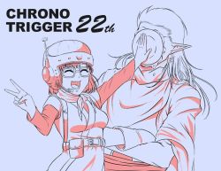 Rule 34 | 1boy, 1girl, breasts, cape, chrono trigger, earrings, glasses, gloves, in the face, jewelry, lucca ashtear, magus (chrono trigger), monochrome, open mouth, pie in face, pointy ears, short hair, simple background, smile, v