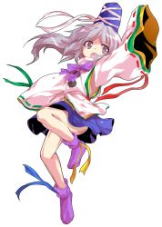 Rule 34 | 1girl, alphes (style), dairi, full body, grey eyes, grey hair, hat, hopeless masquerade, long hair, long sleeves, mononobe no futo, open mouth, parody, ponytail, ribbon, shirt, skirt, sleeves past wrists, solo, style parody, touhou, transparent background, white background, wide sleeves