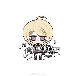 Rule 34 | 1girl, ahoge, akamatsu kaede, artist name, backpack, bag, black ribbon, blonde hair, blush stickers, brown footwear, chibi, chinese commentary, collared shirt, commentary request, commission, danganronpa (series), danganronpa v3: killing harmony, flat color, footwear ribbon, fortissimo, grey socks, hair ornament, highres, instrument, kneehighs, long hair, long sleeves, looking at viewer, miniskirt, muko com, musical note, musical note hair ornament, necktie, no mouth, orange necktie, piano, pleated skirt, purple eyes, purple skirt, purple vest, ribbon, shirt, shoes, simple background, skirt, socks, solo, sparkle, straight-on, striped clothes, striped skirt, v-neck, vest, weibo watermark, white background, white shirt