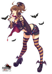 Rule 34 | 10s, 1girl, 2015, ahoge, bangle, bat (animal), bent over, black footwear, boots, bracelet, breasts, brown hair, buckle, cape, cleavage, company name, copyright name, corset, dated, detached sleeves, finger to mouth, full body, grand harem, hair ornament, high heel boots, high heels, jewelry, leaning forward, legs apart, logo, looking at viewer, midriff, miniskirt, navel, official art, open mouth, original, pendant, pokachu, ponytail, red eyes, shoes, sidelocks, simple background, skirt, small breasts, solo, spaghetti strap, strap slip, striped clothes, striped thighhighs, thighhighs, tongue, tongue out, white background, winged footwear, wings, zettai ryouiki