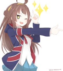 Rule 34 | 1girl, 2015, absurdres, ahoge, brown hair, cosplay, cowboy shot, dated, double bun, double finger gun, finger gun, hair bun, hair ornament, hairband, hairclip, highres, kantai collection, kin-iro mosaic, kongou (kancolle), kujou karen, kujou karen (cosplay), long hair, looking at viewer, one eye closed, open mouth, pleated skirt, school uniform, simple background, skirt, smile, solo, sparkle, sparkling eyes, touyama nao, twitter username, union jack, voice actor connection, x hair ornament, yukichi (sukiyaki39)