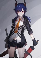 Rule 34 | 1girl, absurdres, arknights, belt, black jacket, blue hair, ch&#039;en (arknights), fingerless gloves, gloves, highres, holding, holding sword, holding weapon, horns, jacket, low twintails, necktie, red eyes, shiratakiseaice, shorts, sword, tail, twintails, walkie-talkie, weapon