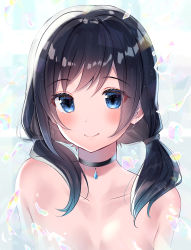 Rule 34 | 1girl, absurdres, amano hina (tenki no ko), black choker, black hair, blue eyes, blush, choker, closed mouth, collarbone, commentary request, gyozanuko, hair over shoulder, highres, long hair, low twintails, nude, smile, solo, tenki no ko, twintails, upper body