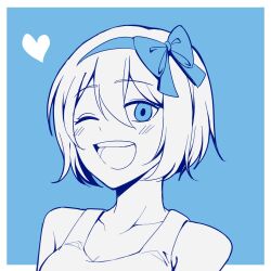 Rule 34 | 1girl, bare shoulders, biyo, blue background, blue bow, blue eyes, blue hairband, border, bow, breasts, claire elford, cleavage, collarbone, hairband, heart, large breasts, looking at viewer, one-eyed, open mouth, partially colored, short hair, simple background, smile, solo, spot color, teeth, upper teeth only, white border, witch&#039;s heart