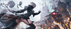 Rule 34 | 1girl, 2b (nier:automata), 6+others, ass, black blindfold, black dress, black gloves, black thighhighs, blindfold, breasts, dress, gloves, glowing, glowing eyes, highres, holding, holding sword, holding weapon, machine (nier), medium breasts, multiple others, nier:automata, nier (series), outdoors, pod (nier:automata), red eyes, seven (sixplusone), short hair, sword, thighhighs, weapon, white hair