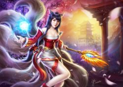 Rule 34 | 1girl, ahri (league of legends), animal ears, bare shoulders, black hair, breasts, cherry blossoms, cleavage, detached sleeves, energy ball, facial mark, fox ears, fox tail, jackmiho, large breasts, league of legends, lipstick, long hair, low-tied long hair, makeup, multiple tails, petals, signature, solo, staff, tail, very long hair, whisker markings, yellow eyes