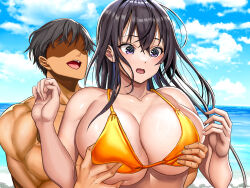 Rule 34 | 1boy, 1girl, absurdres, bikini, black hair, blue sky, blush, breasts, cleavage, cloud, cloudy sky, collarbone, commentary request, faceless, grabbing, grabbing another&#039;s breast, grabbing from behind, hetero, highres, houhokekyo, large breasts, long hair, muscular, muscular male, open mouth, original, outdoors, purple eyes, short hair, sky, smile, swimsuit, underboob, upper body, water, yellow bikini