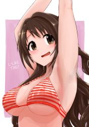 Rule 34 | 1girl, absurdres, armpits, arms up, bikini, blush, breasts, brown eyes, brown hair, cleavage, commentary request, covered erect nipples, embarrassed, hard-translated, highres, idolmaster, idolmaster cinderella girls, large breasts, long hair, looking at viewer, one side up, open mouth, shimamura uzuki, simple background, smile, solo, striped bikini, striped clothes, swimsuit, third-party edit, translated, twogie, underboob, upper body, wet