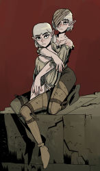 Rule 34 | 2girls, bandages, bare shoulders, boots, elf, expressionless, eyepatch, freckles, green shirt, highres, ho-uja, hug, hug from behind, kneeling, looking at viewer, multiple girls, original, pointy ears, red background, scar, scar across eye, scar on face, shirt, short hair, thigh boots, thighhighs